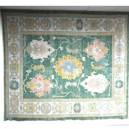 Green Handwoven Wool Anatolian Uşak Rug