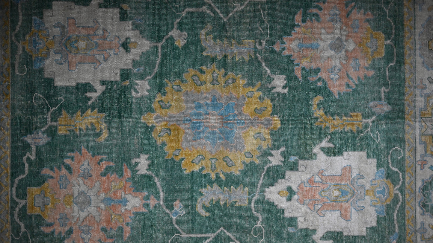 Green Handwoven Wool Anatolian Uşak Rug