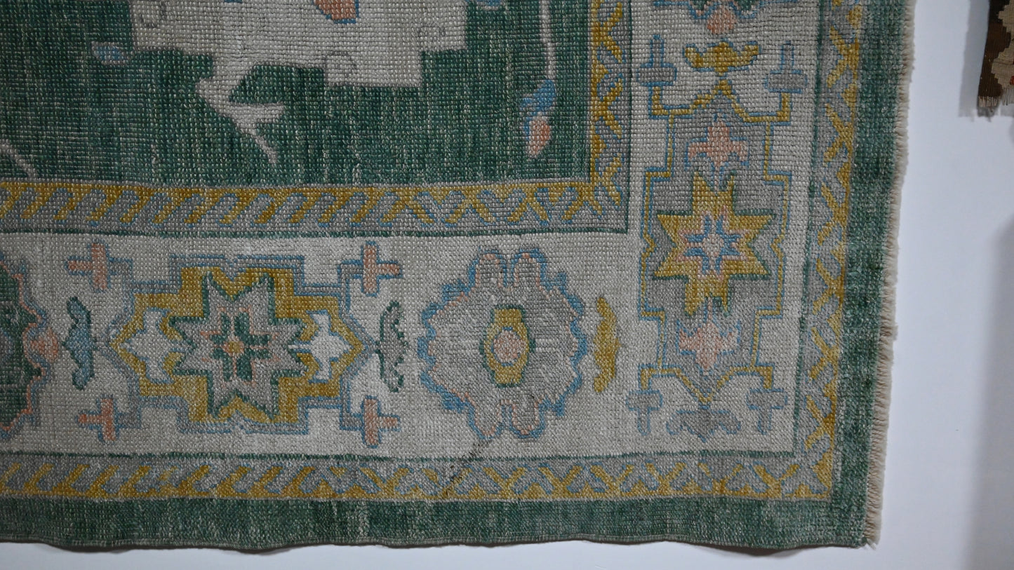 Green Handwoven Wool Anatolian Uşak Rug